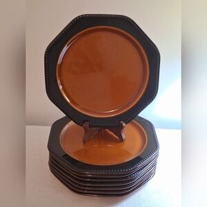 Vtg 70s Sears Ironstone Octagon Amber 10 1/4" Dinner Plates Set Of 8.
